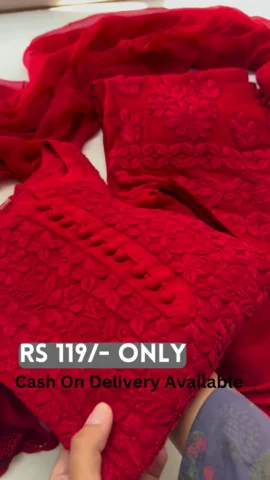 Red Floral Embroidered Three-Piece