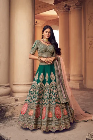 Dark Green Raw Silk Bridal Lehenga