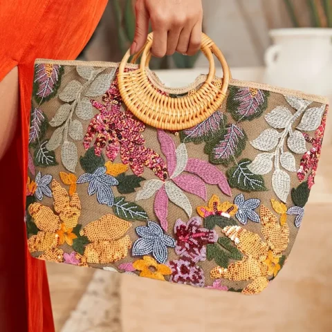 Women'S Embroidered Beaded Tote Bag with Woven Handle, Large Capacity Casual Beach Bag