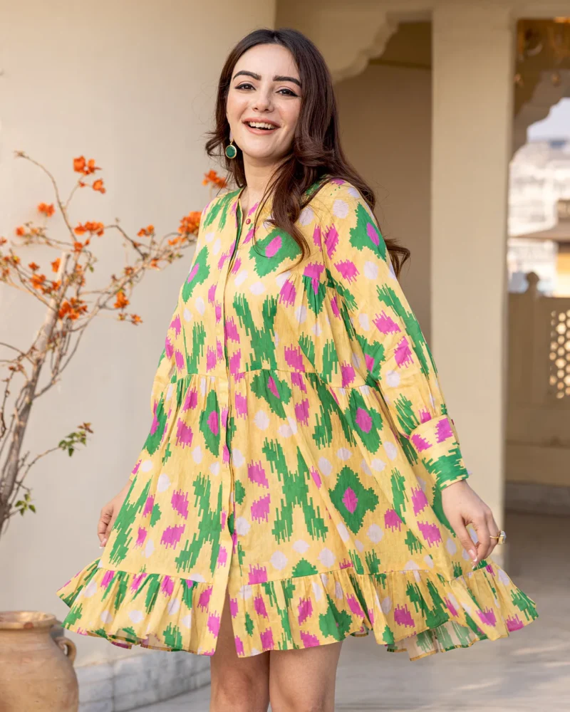 Yellow Tiered Ikat Dress - Image 4