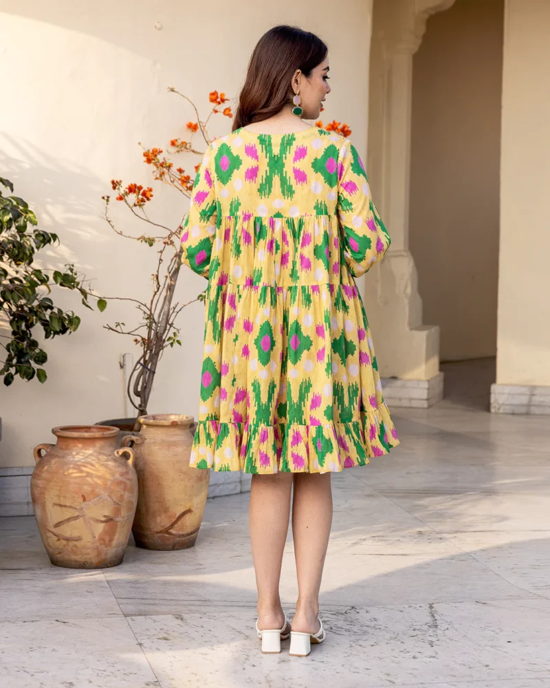 Yellow Tiered Ikat Dress - Image 3
