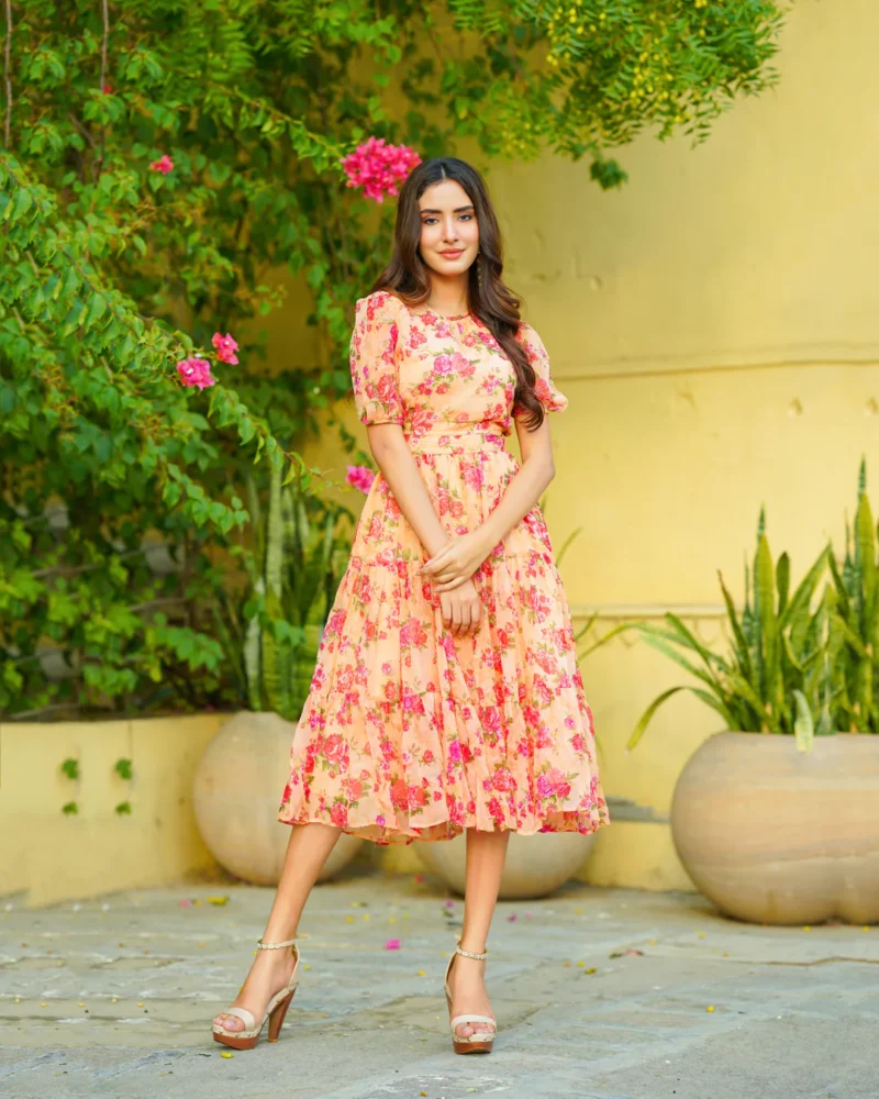 Siya Peach Flora Chiffon Maxi Dress