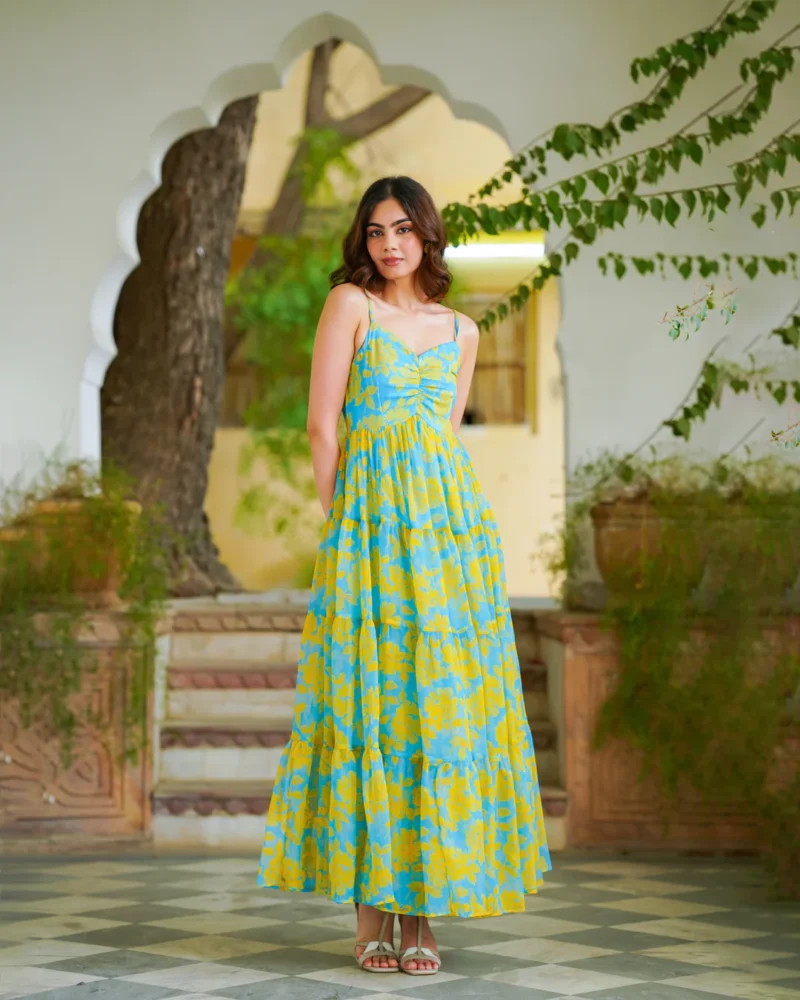 Kevya Teal Blue Foliage & Tiered Dress - Image 5