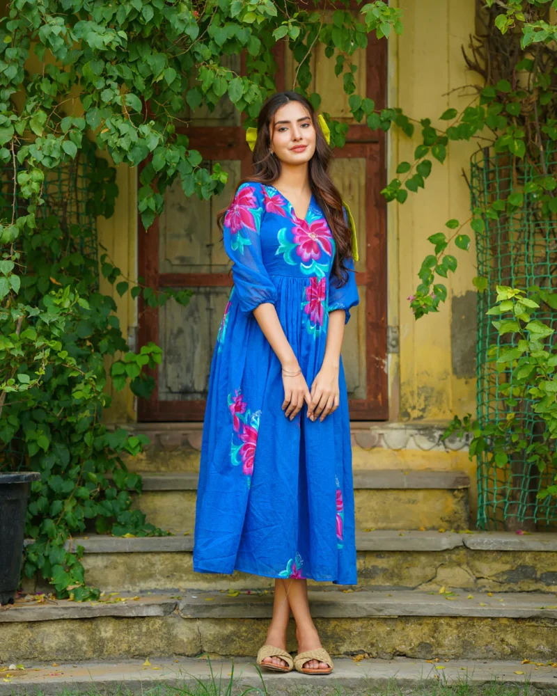 Blue Handpainted Floral Dress - Image 7