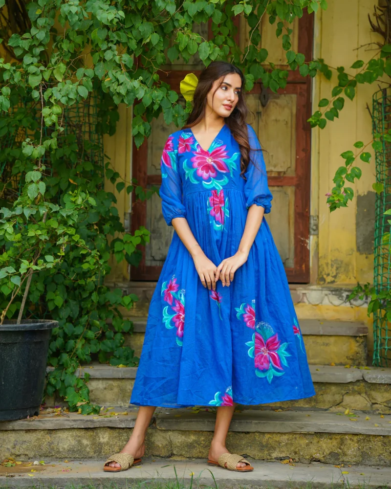 Blue Handpainted Floral Dress - Image 3