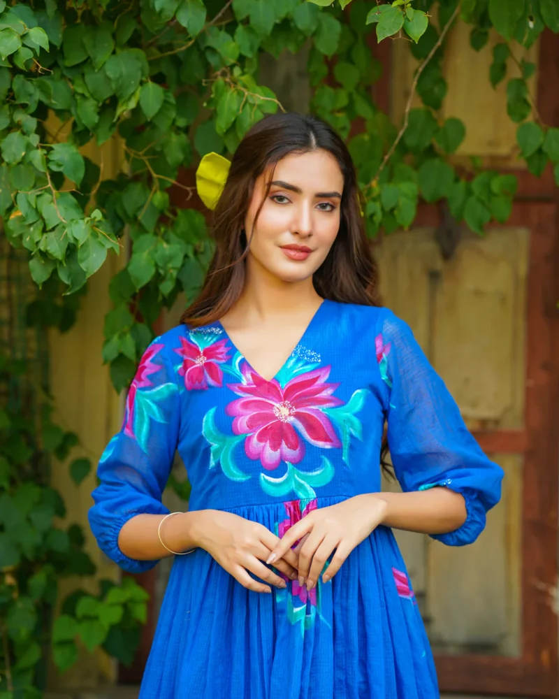 Blue Handpainted Floral Dress - Image 4