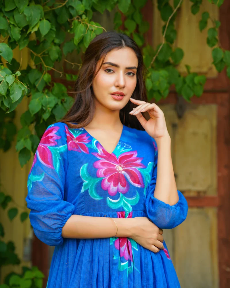 Blue Handpainted Floral Dress - Image 5
