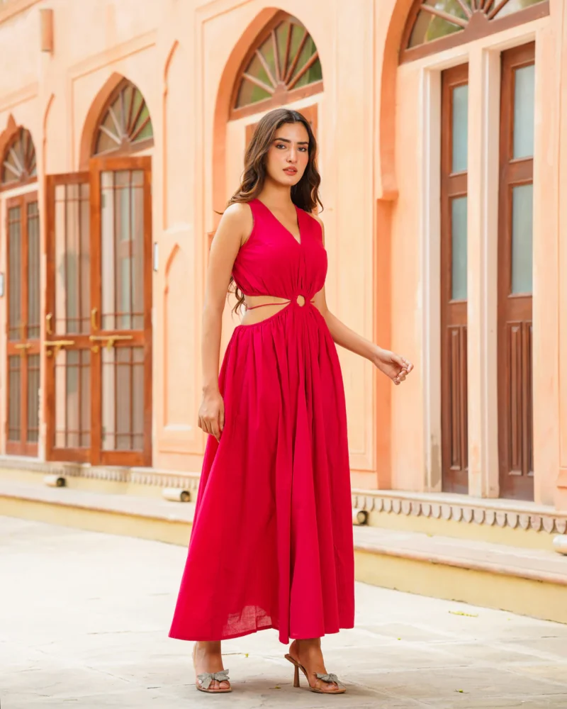 Srisha Red Cut-out Solid Dress - Image 5