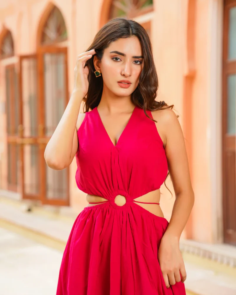 Srisha Red Cut-out Solid Dress - Image 3