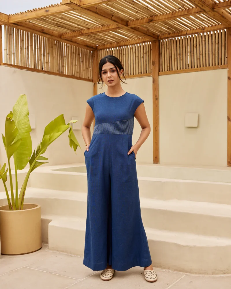 Blue Pinstriped-Patch Jumpsuit