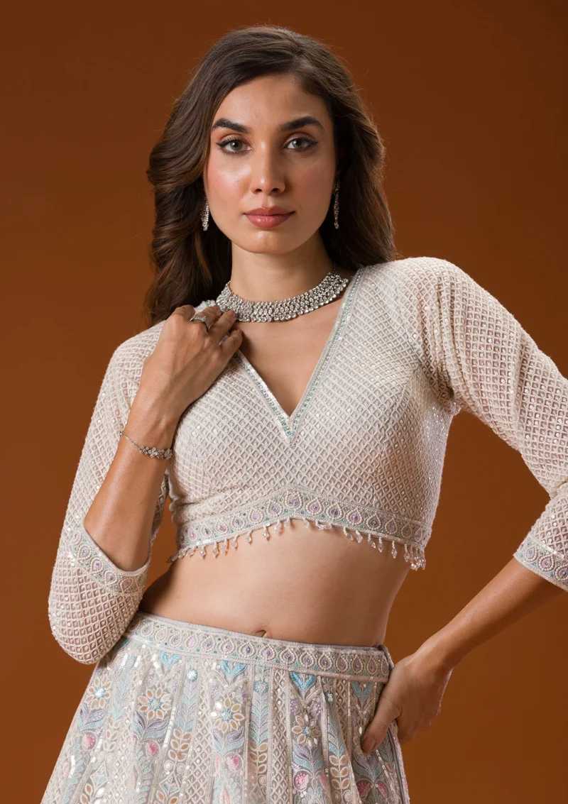 Light Grey Gotapatti Net Readymade Lehenga - Image 3