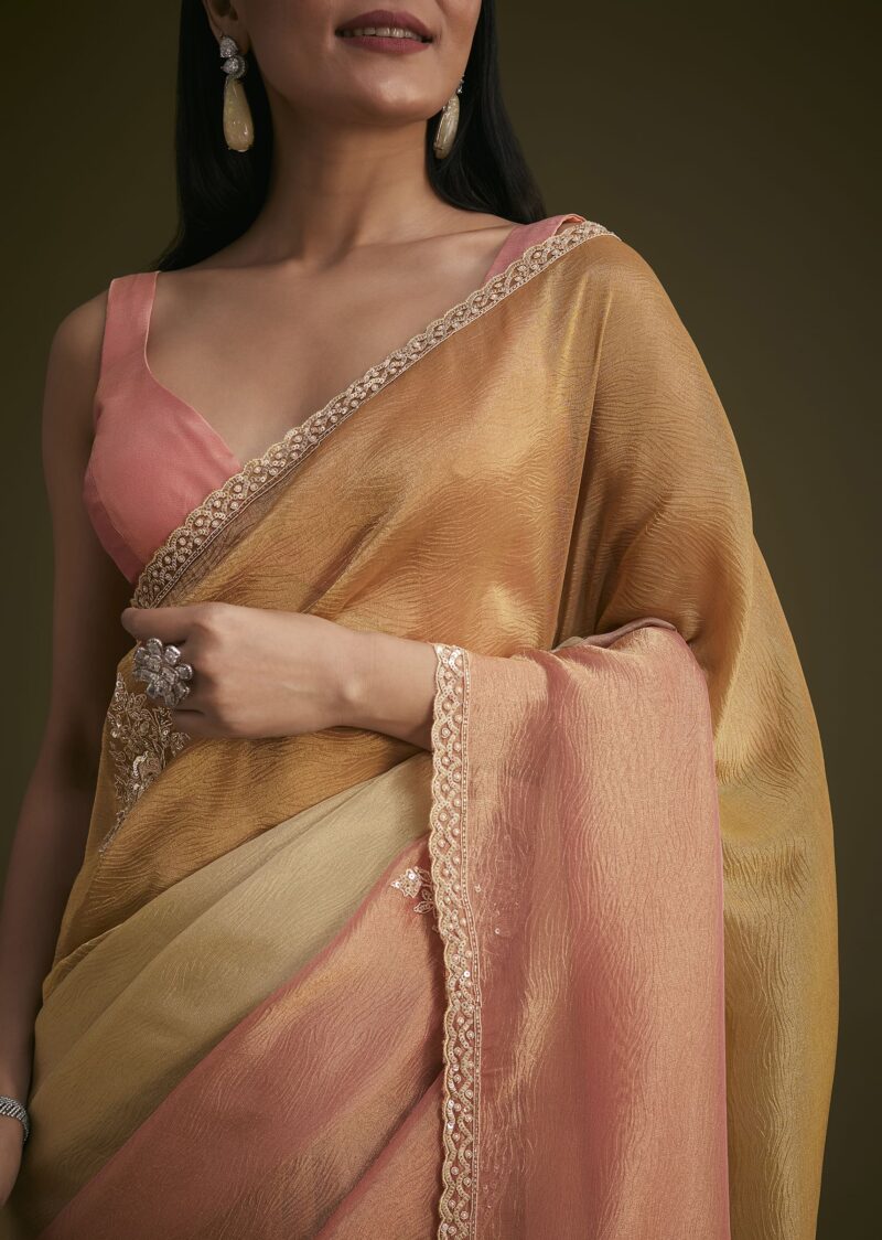 Yellow Triple Tone Tissue Saree - Image 4