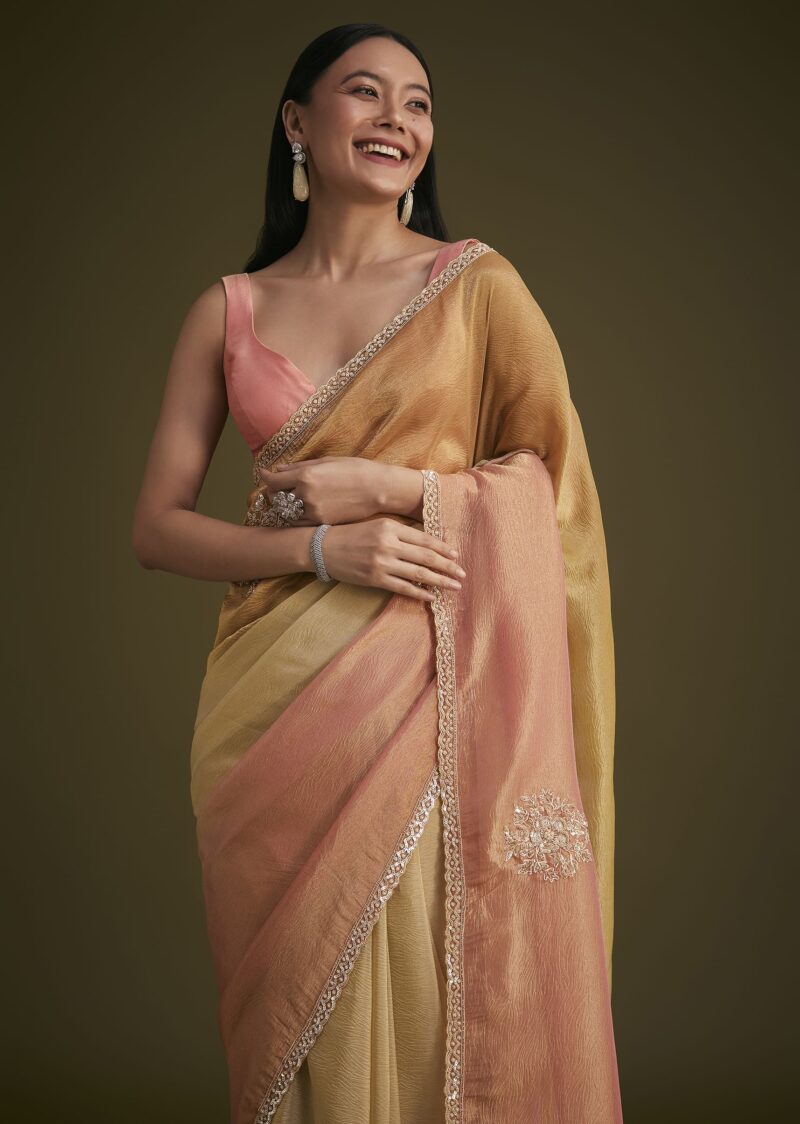 Yellow Triple Tone Tissue Saree - Image 6