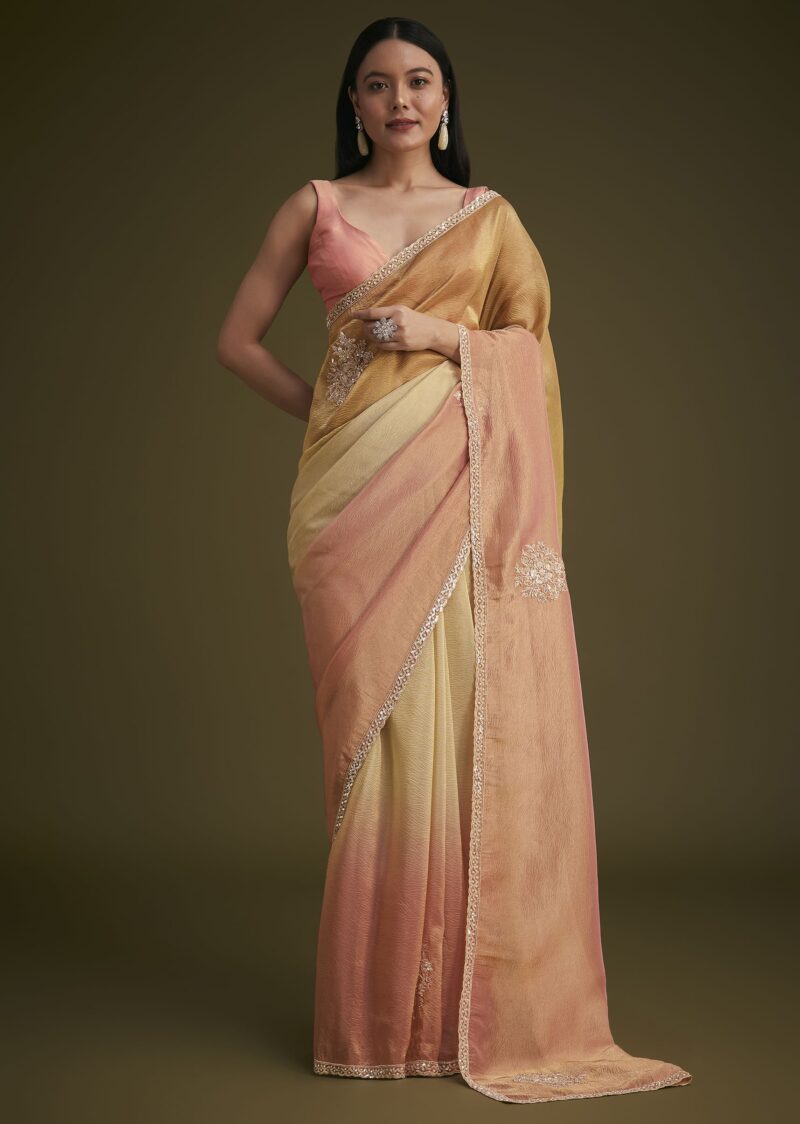 Yellow Triple Tone Tissue Saree - Image 8