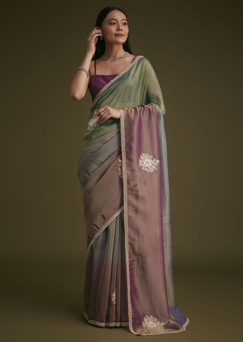 Triple Toned Tissue Sequins Saree - Image 4