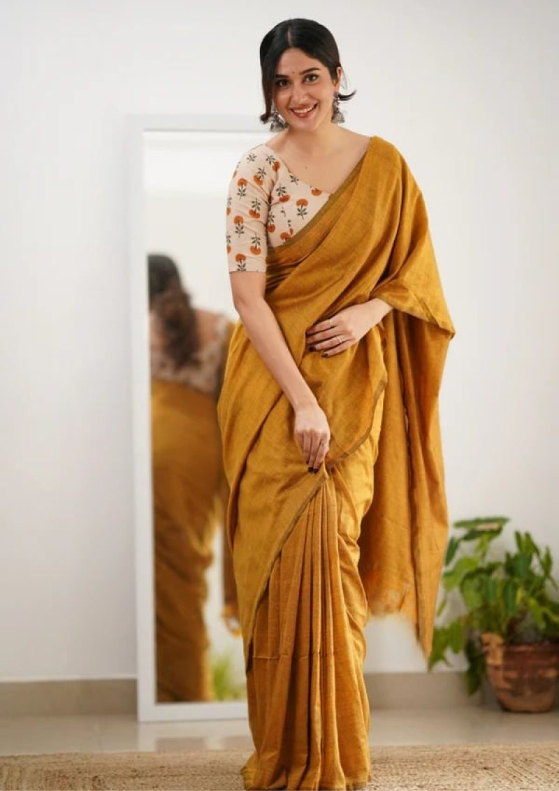 Mustard Handloom Cotton Saree With Designer Blouse